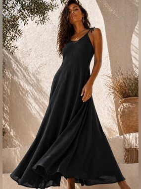 Boho Maxi Dress L/XL Organic Viscose Cotton Black Tie Strap Flowy Relaxed Fit